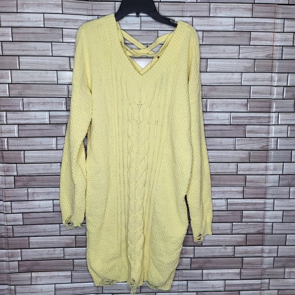 New Derek Heart Women's Medium Yellow Sweater Dress Distressed Knitt‎ Comfy Top - Picture 1 of 15